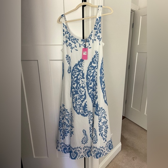NWT THML White Blue Midi Print Dress mediterranean - Picture 2 of 6